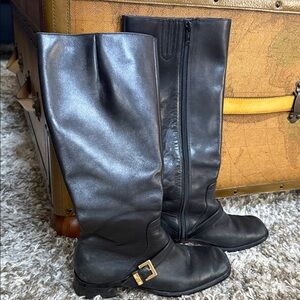 💰SALE Etienne Aigner Black Leather Knee-High Boots with Gold Buckle